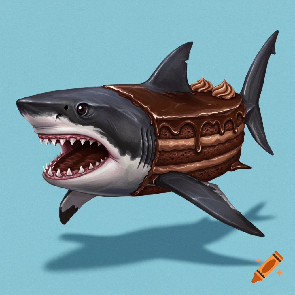 A shark fused with layers of chocolate cake and frosting.