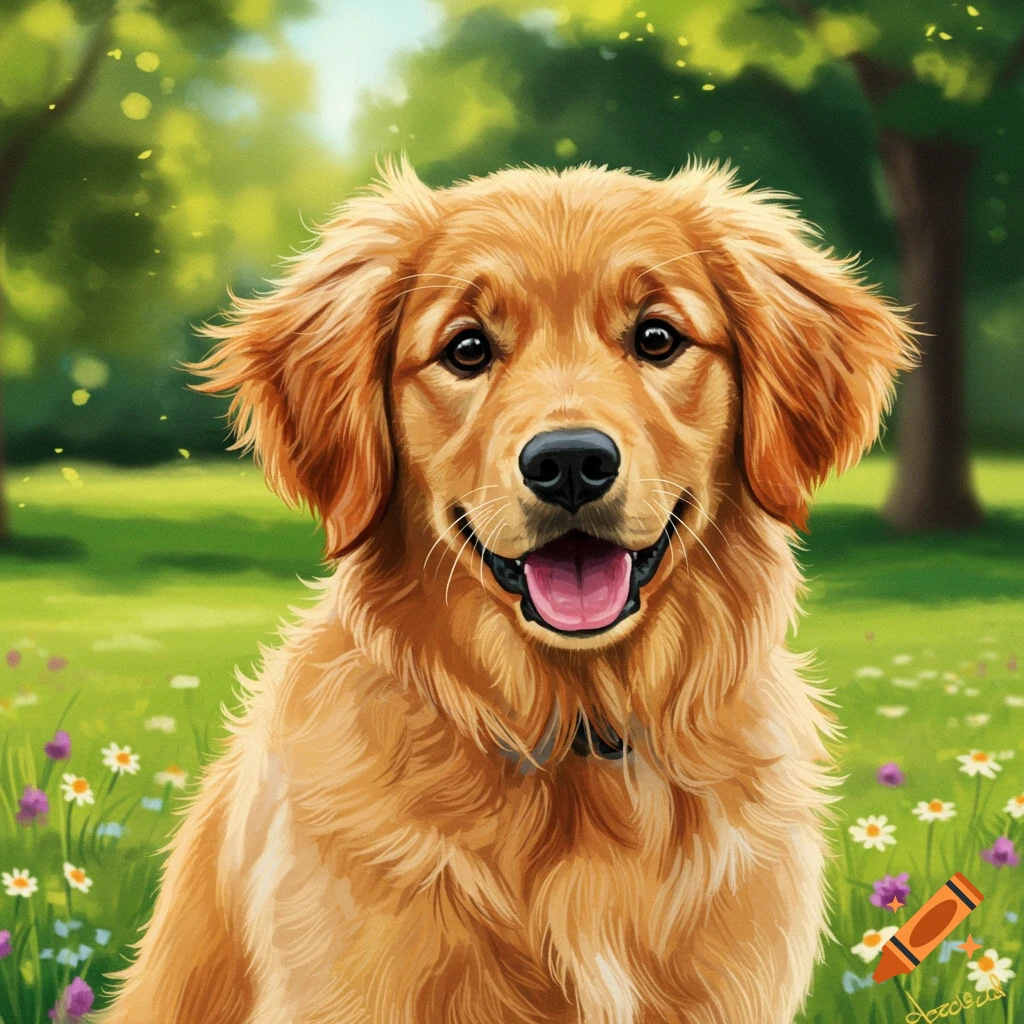 A smiling Golden Retriever dog sitting in a park with flowers.
