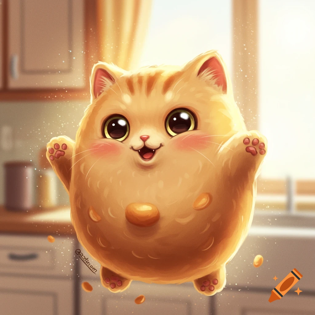 A cute, round orange cat character styled like a baked bean floats in a kitchen.