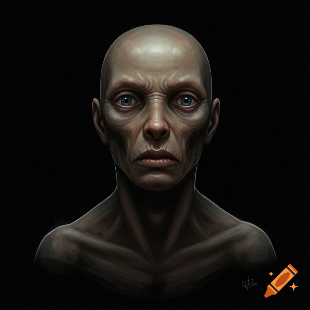 Bust of a bald, emaciated figure with blue eyes.