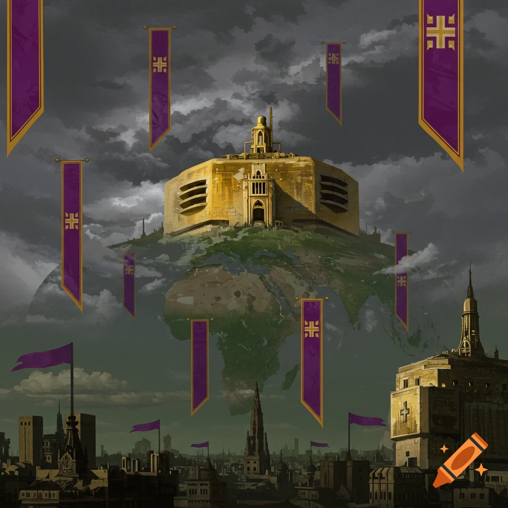 A golden bunker building sits on an earth globe floating above a city, with purple and gold banners.