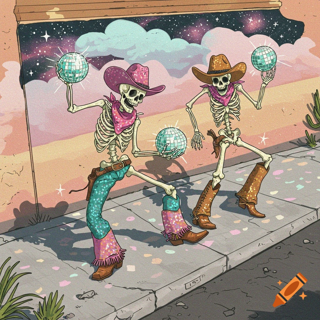 Two disco cowboy skeletons dance on a sidewalk holding disco balls with a cosmic mural behind them, digital art.