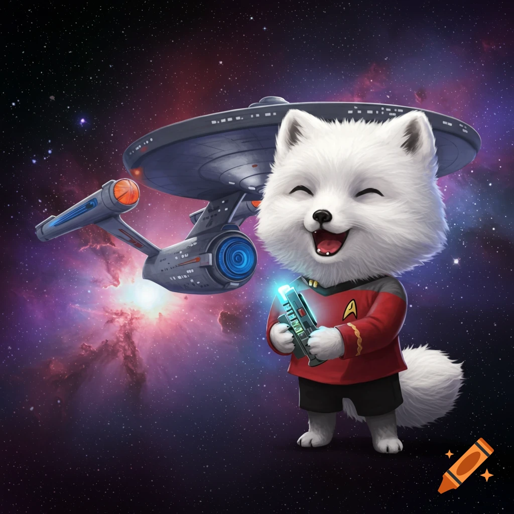 Cute fluffy animal in a Star Trek uniform holding a phaser in space with the Enterprise starship.