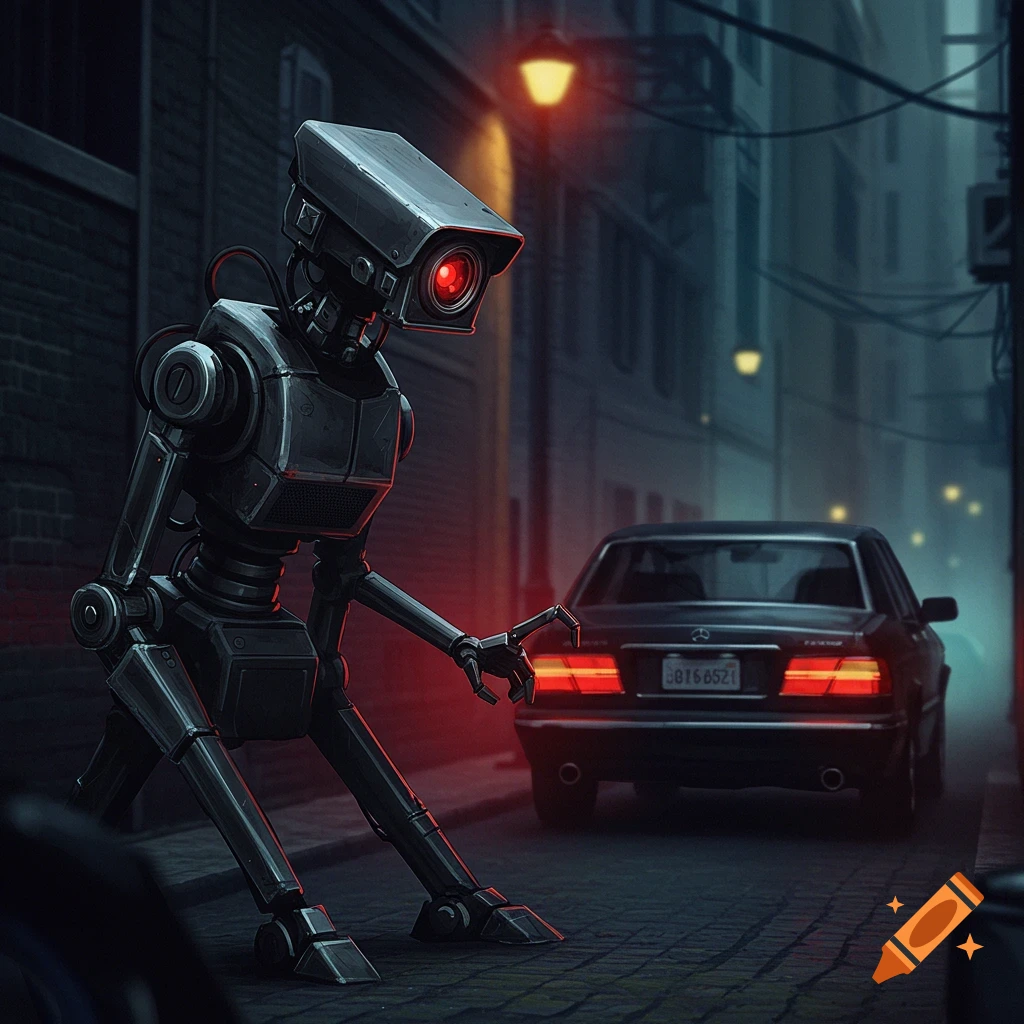 A spy robot watches a car in a dark alley.