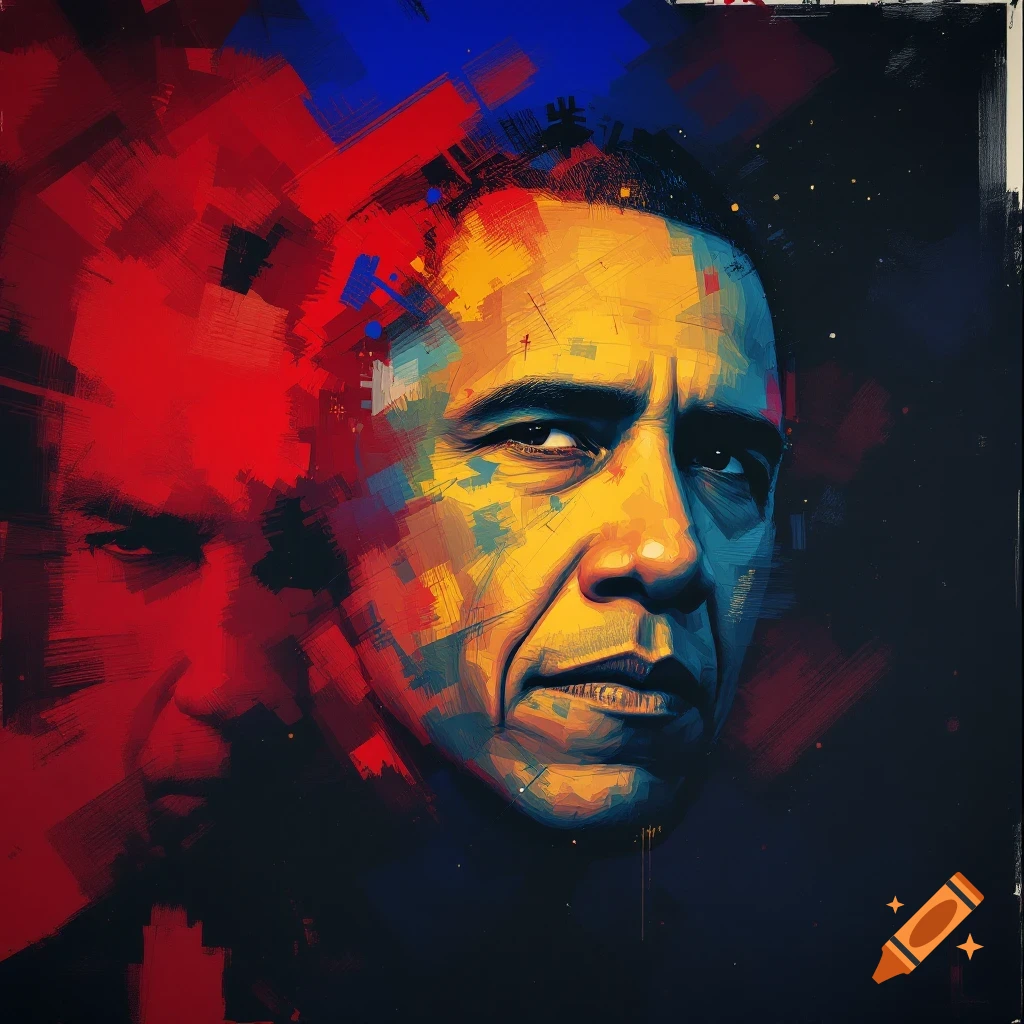 Abstract portrait of Barack Obama and a face in red brushstrokes