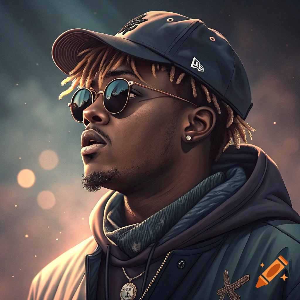 Portrait of a young man with dreadlocks, cap, and sunglasses looking up.
