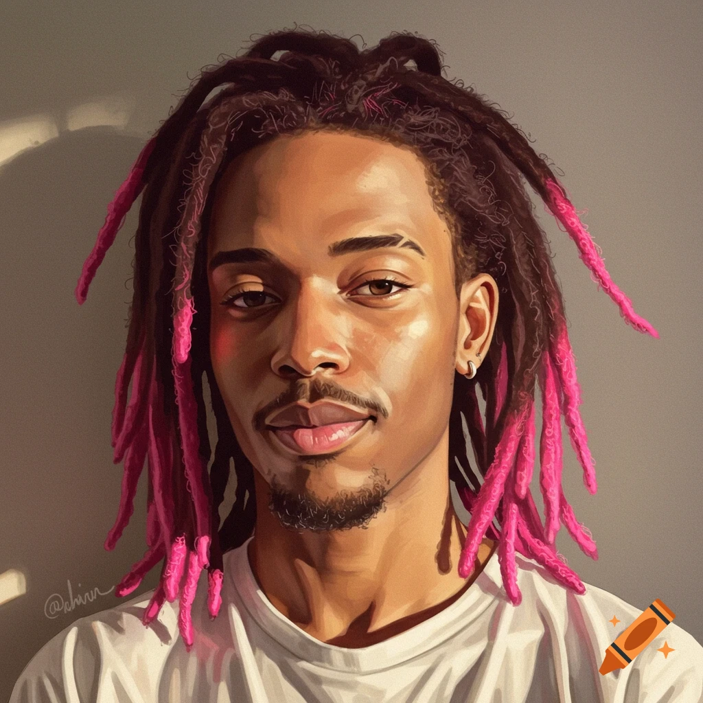 Portrait of a man with pink-tipped dreadlocks.