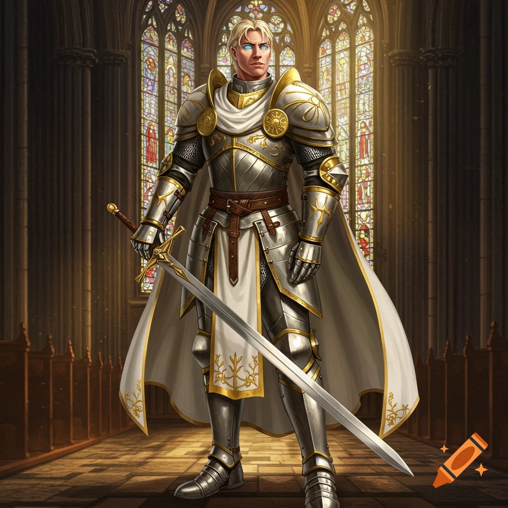 A human paladin in ornate armor stands in a church.