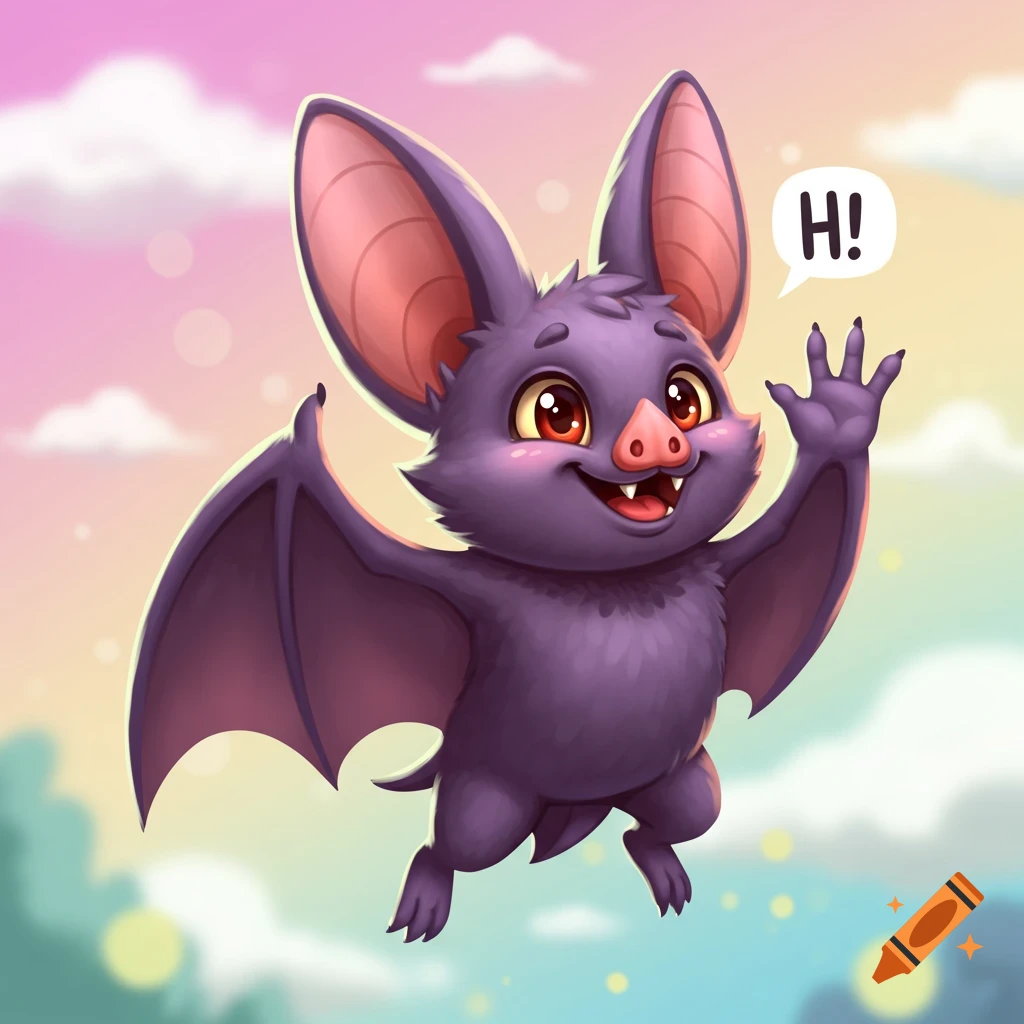 A cute purple cartoon bat flies in a colorful sky, waving and saying HI! in a speech bubble.