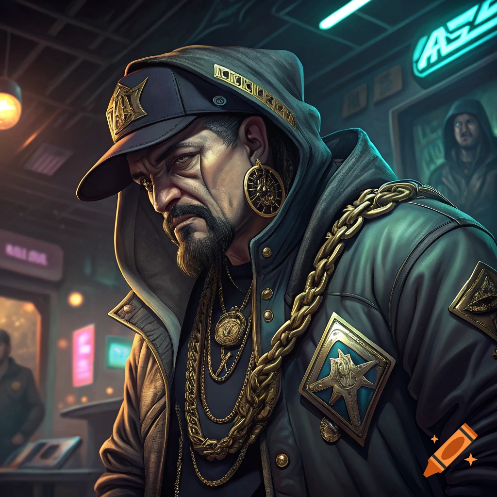 Digital art portrait of a man dressed as a gangster rapper, wearing a cap, hood, chains, and jacket.