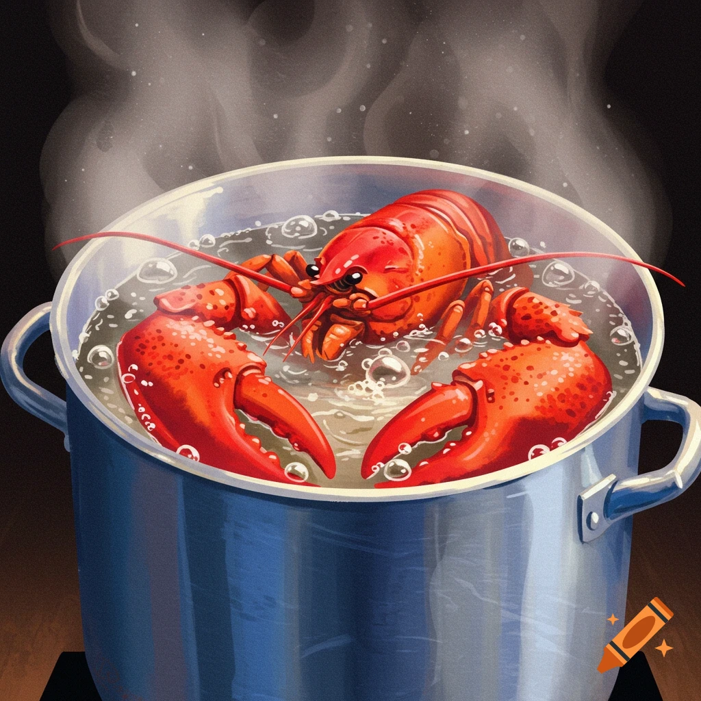 A red lobster boiling in a pot of water.