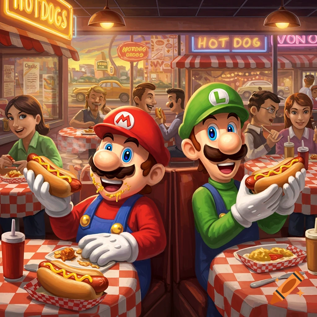 Mario and Luigi eating hot dogs at a restaurant.
