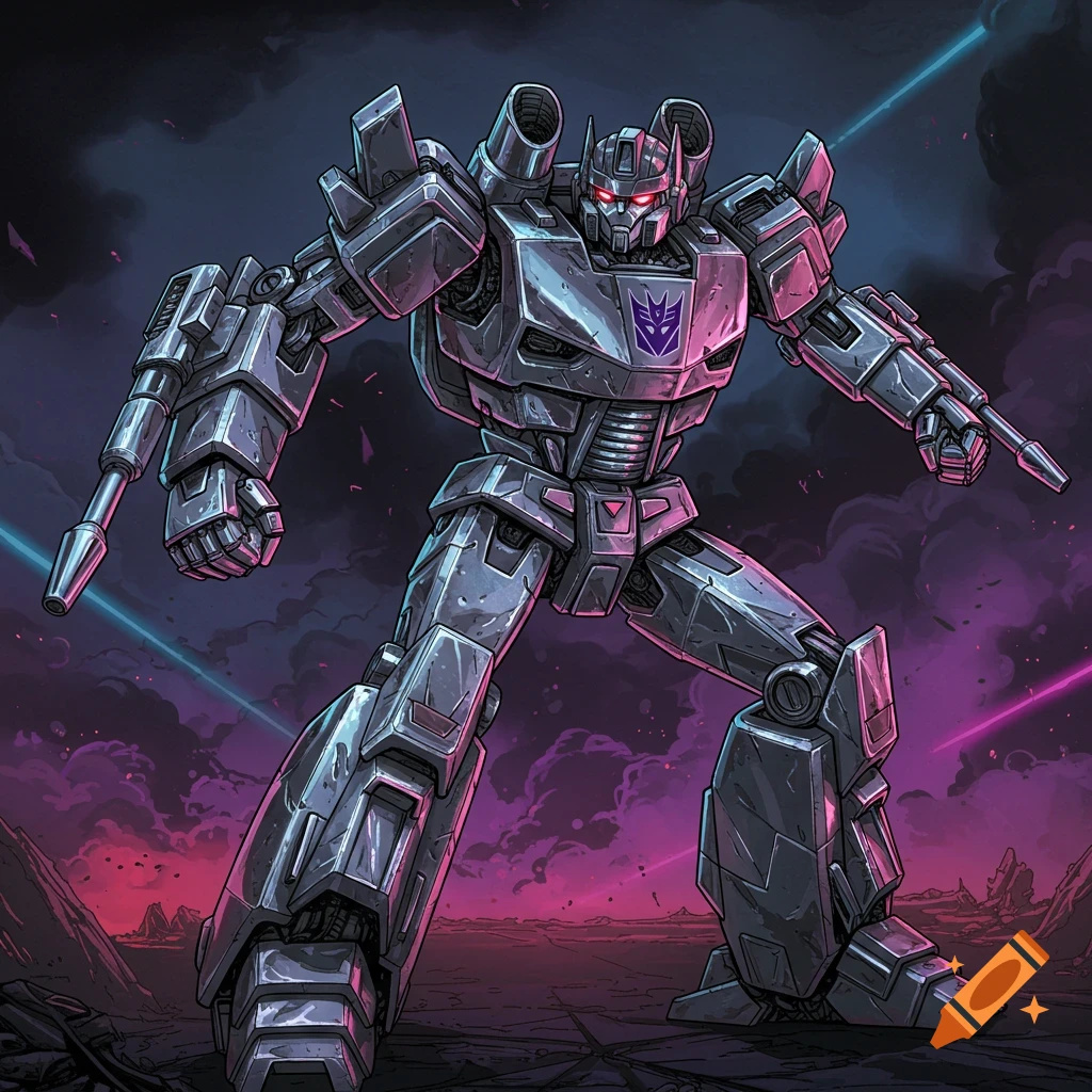 A gray Decepticon robot stands in a rocky landscape, firing laser beams, in a comic book art style.