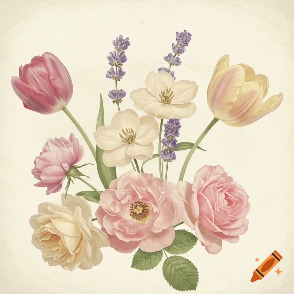 Vintage illustration of a bouquet of pink and yellow roses, tulips, and lavender on a textured background.
