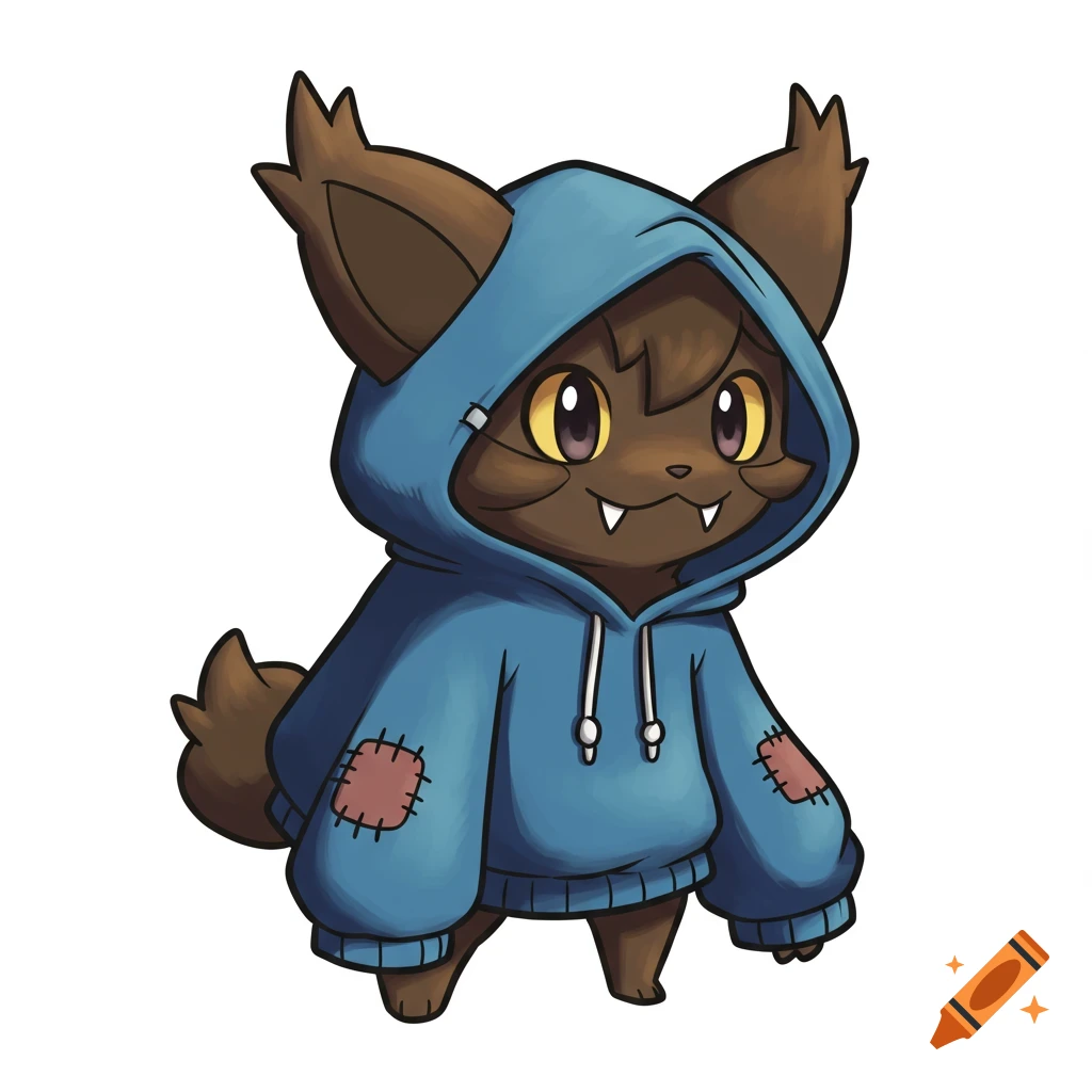 A cute cartoon creature with brown fur and fangs wearing a blue hoodie with patches.
