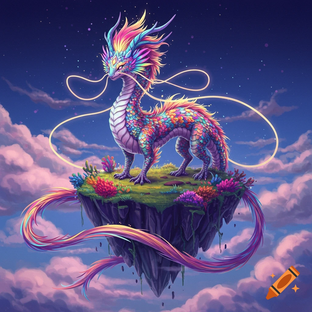 A vibrant rainbow dragon stands on a floating island in a starry sky with pink clouds.