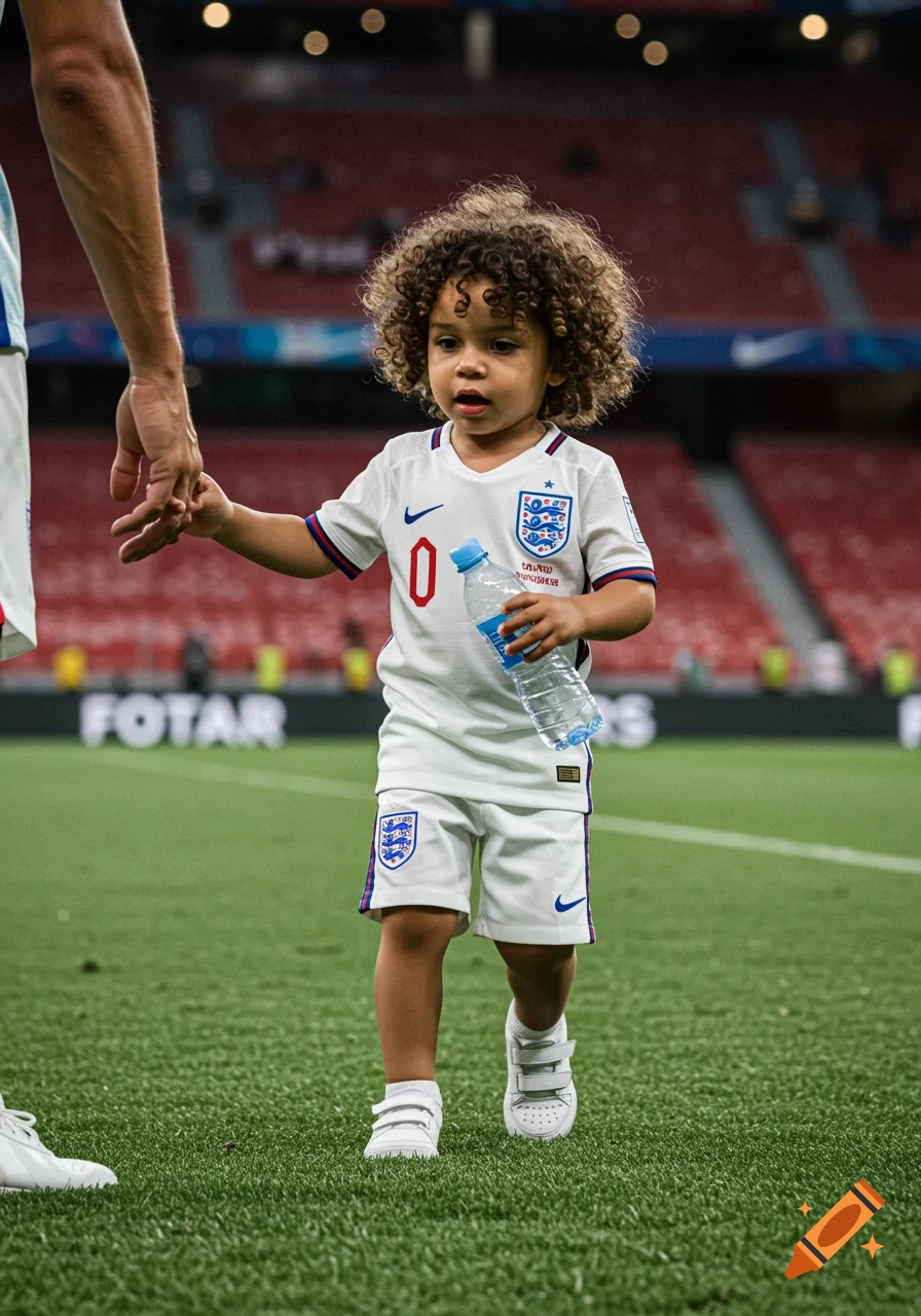 A young boy wearing an England soccer jersey holds hands with an adult on a field.