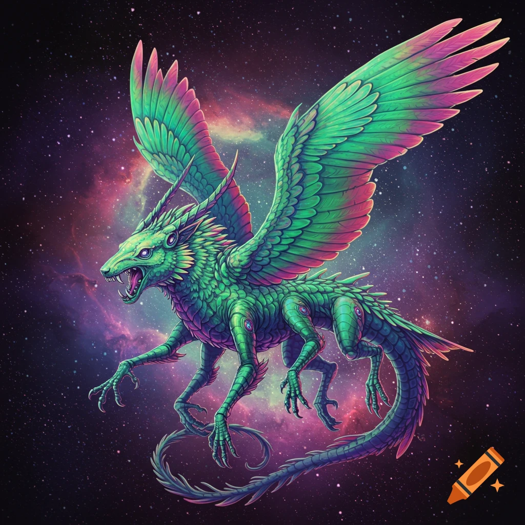 A vibrant green winged creature with six legs flies against a colorful cosmic nebula and stars.