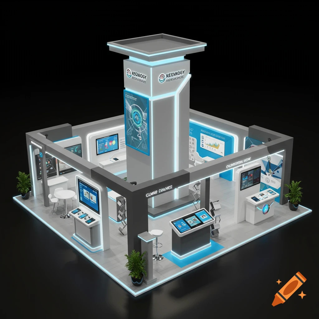 A modern 3D rendered trade show booth with a central tower, multiple screens, and plants against a dark background.