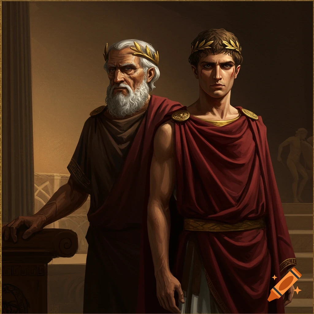 An older man and a younger man are depicted wearing classical red togas and laurel wreaths.