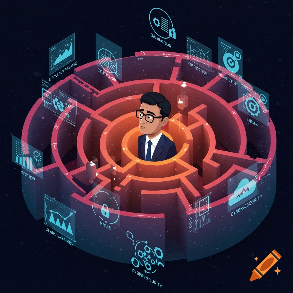 Stylized graphic of a person in a maze surrounded by technology icons