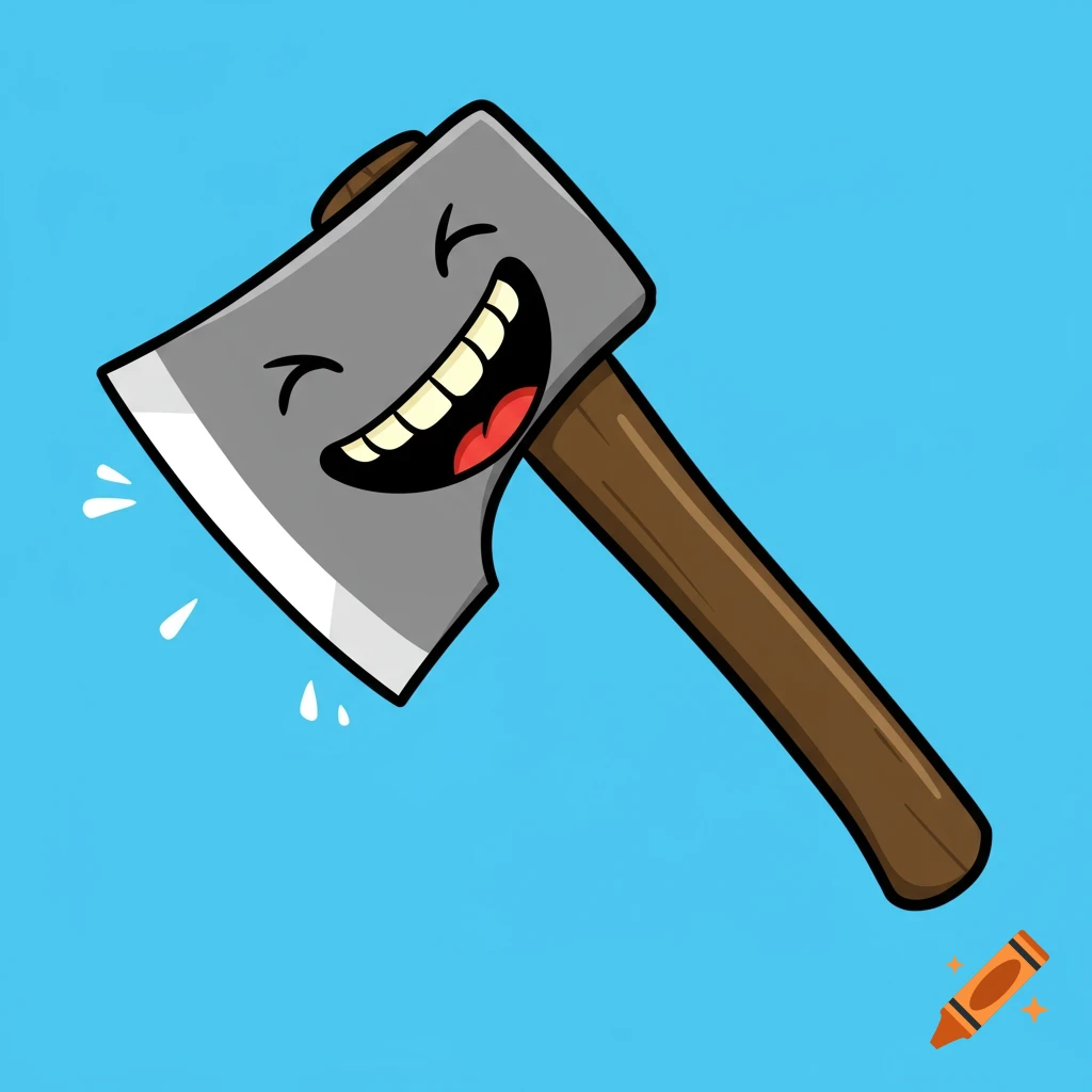 A cartoon axe with a laughing face on the blade against a blue background
