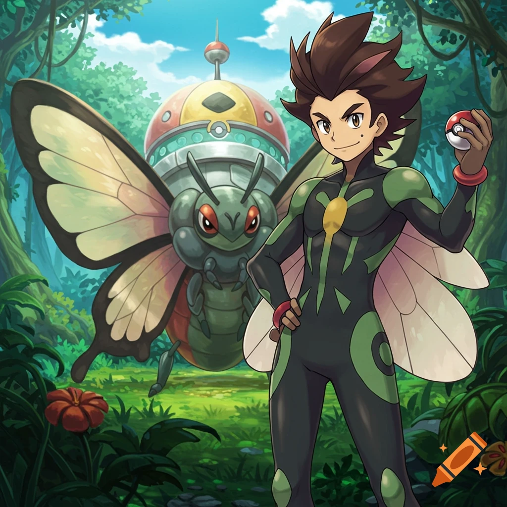 Pokemon gym leader in bug-themed suit with bug pokemon in a jungle.