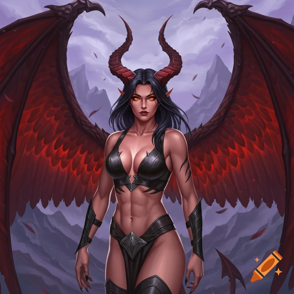 Image of a winged demon woman with horns and glowing eyes in a mountainous landscape.