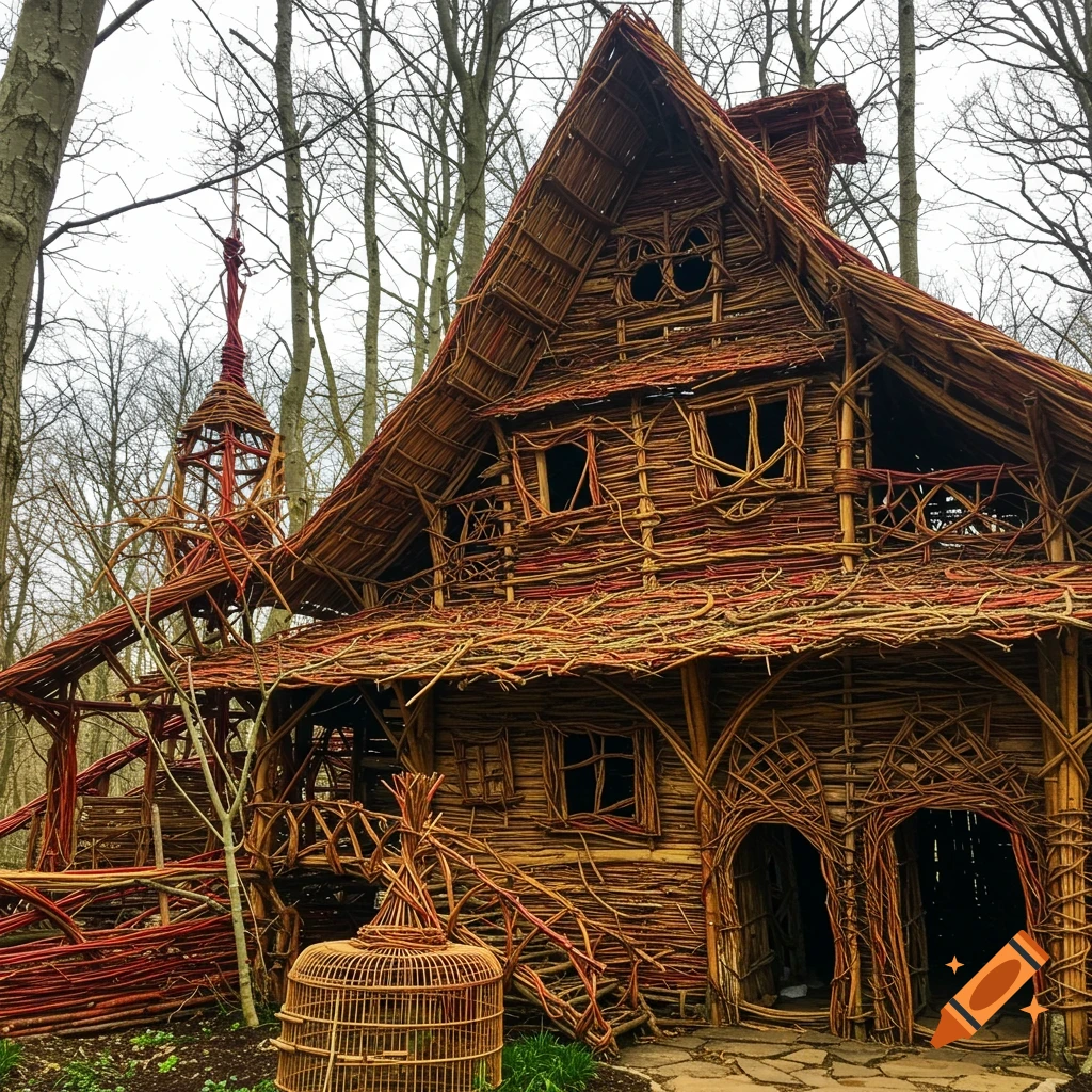 Whimsical house woven from branches and twigs in a forest, with a large birdcage.