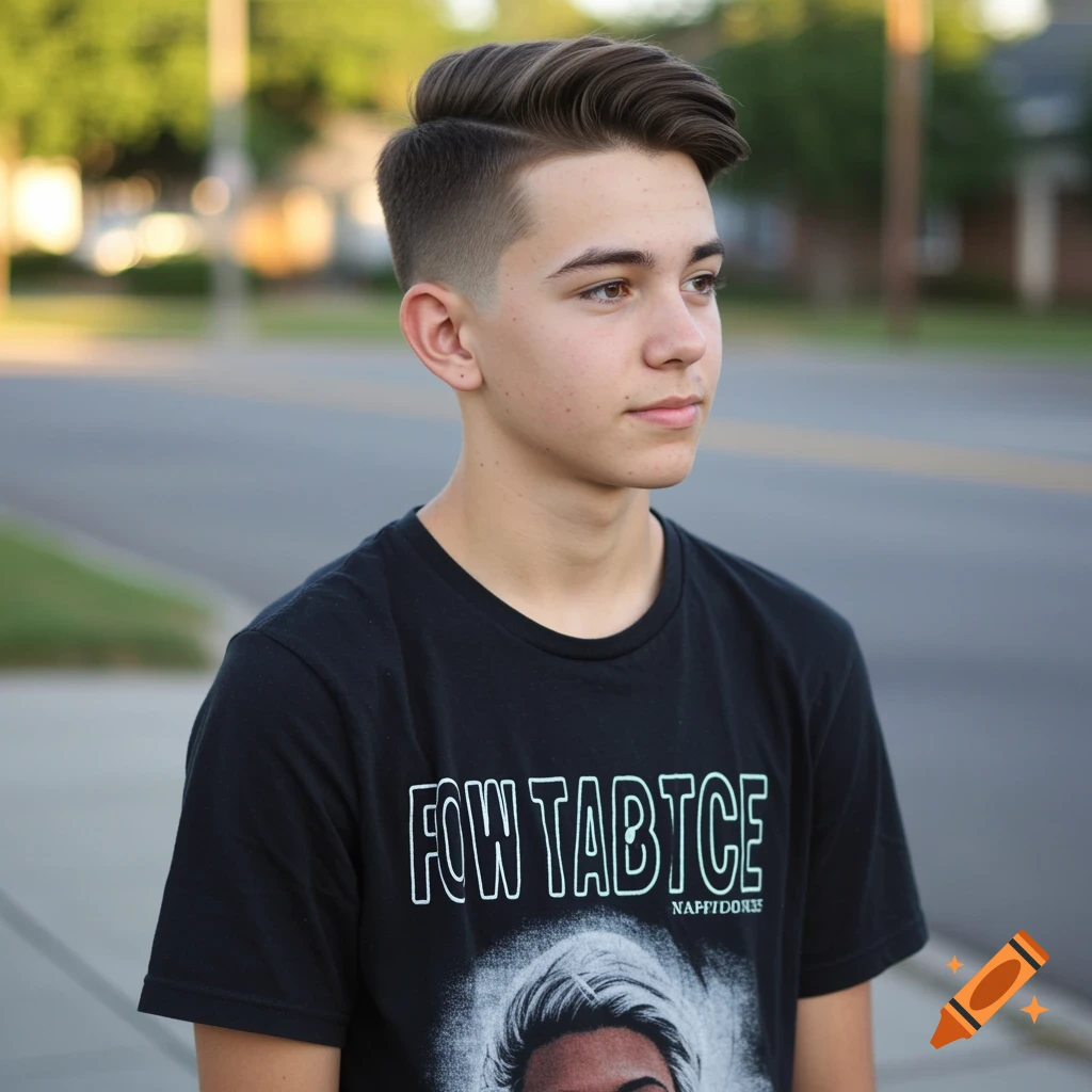 Portrait of a teenage boy with a taper fade haircut wearing a black graphic t-shirt outdoors.