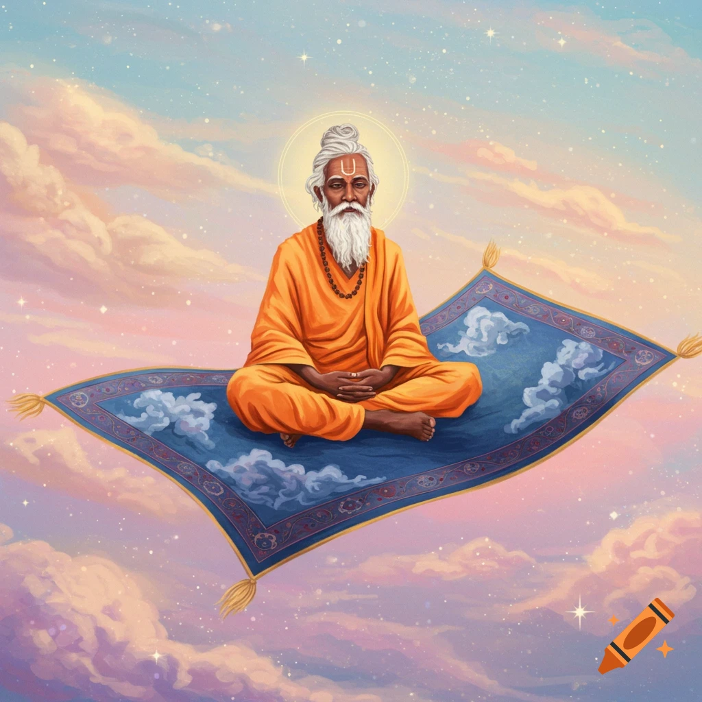 A sadhu rides a flying carpet in a starry sky with clouds.