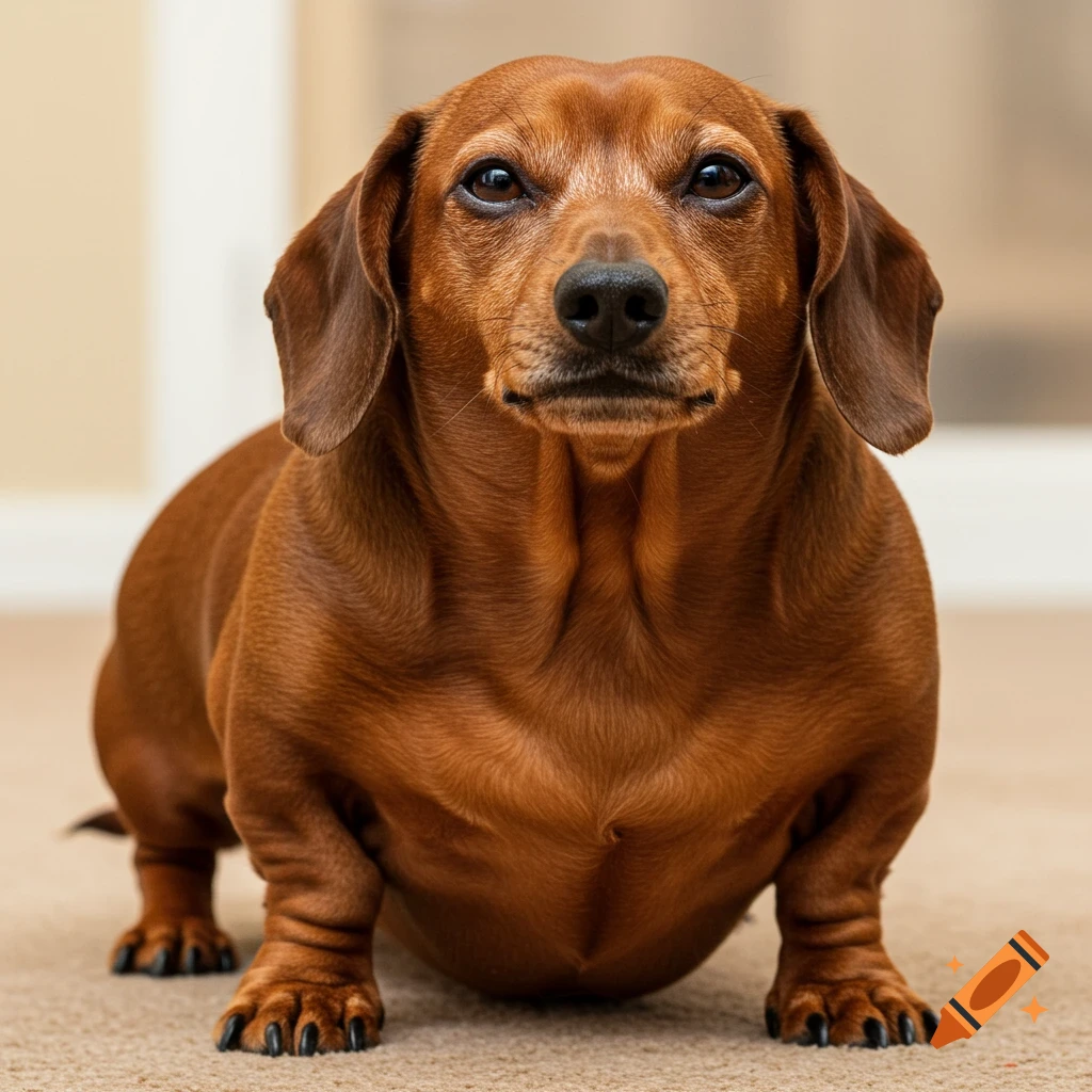 A chubby brown dachshund looking directly at the camera.