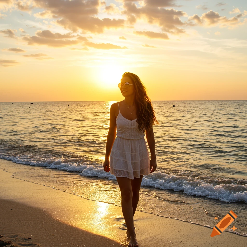A woman in a white dress walks along a beach at sunset