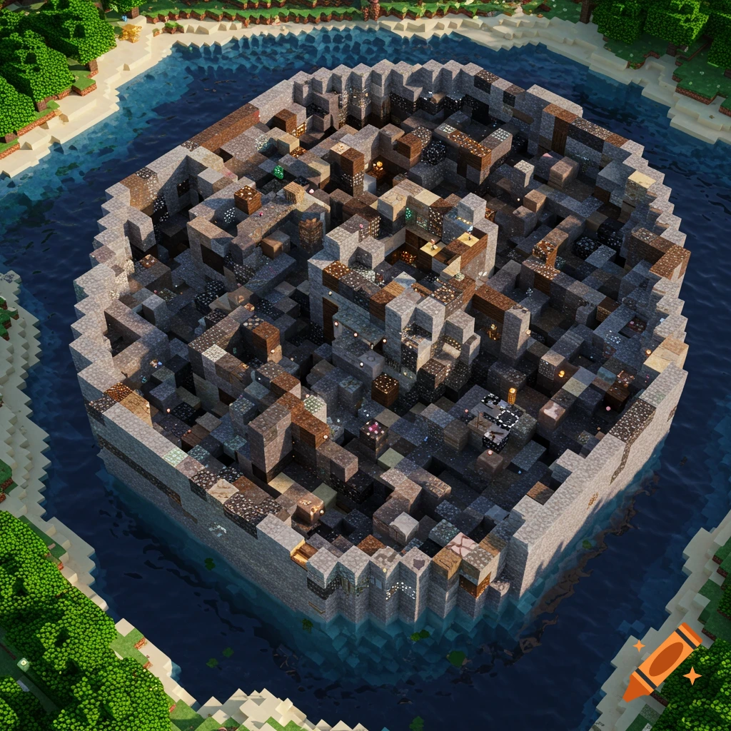 An aerial view of a blocky maze built in water near a beach, in the style of Minecraft.