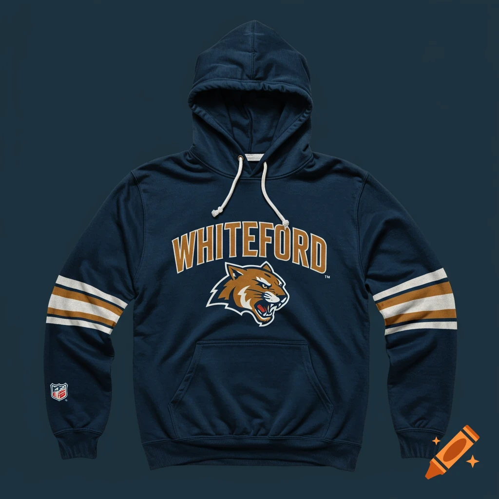 A dark blue hoodie with a "WHITEFORD" text logo and a bobcat mascot image, featuring orange and white stripes on the sleeves.