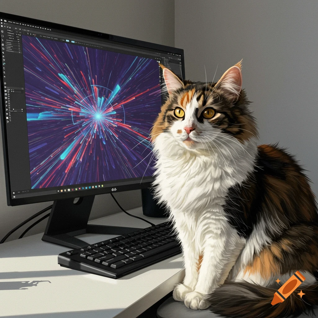 A long-haired calico cat sitting in front of a computer monitor displaying an abstract pattern.