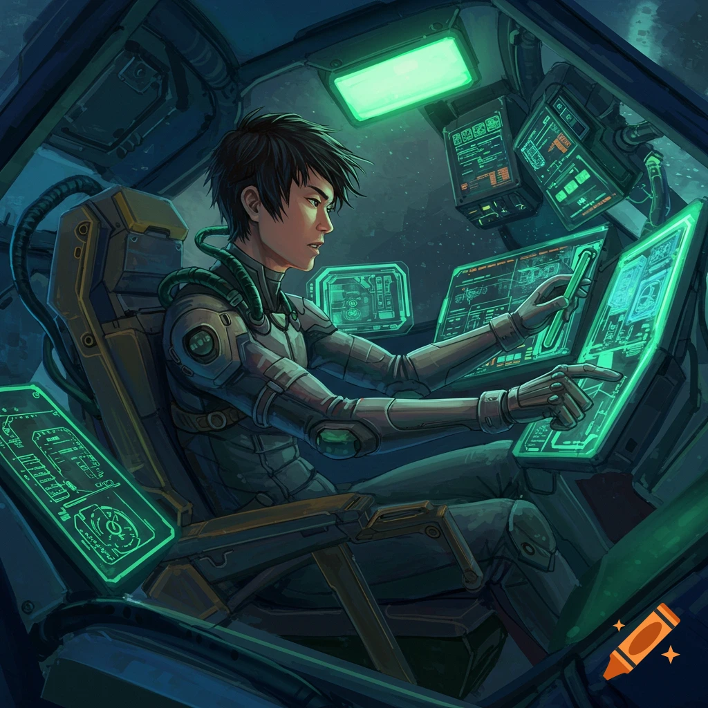 An Asian male mech pilot is in a futuristic cockpit, interacting with glowing screens.