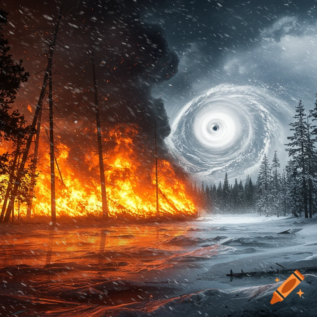 A landscape split between a forest fire and a snowy storm with a vortex.
