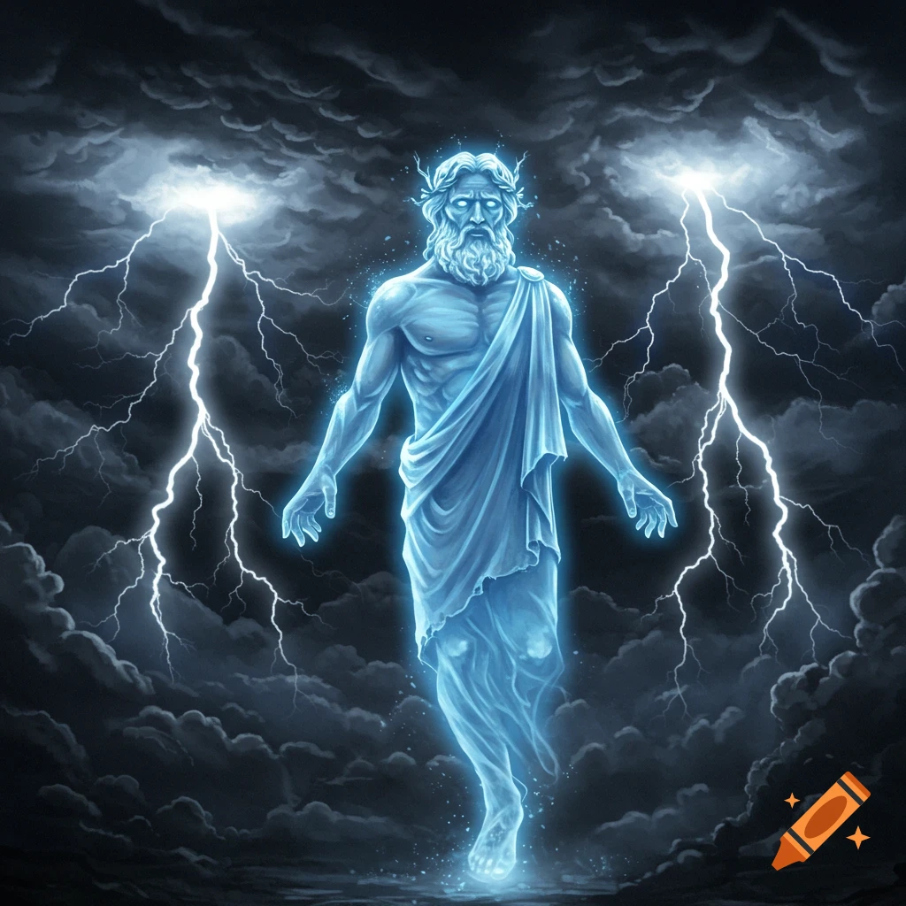 Glowing Zeus floats among stormy clouds with lightning bolts