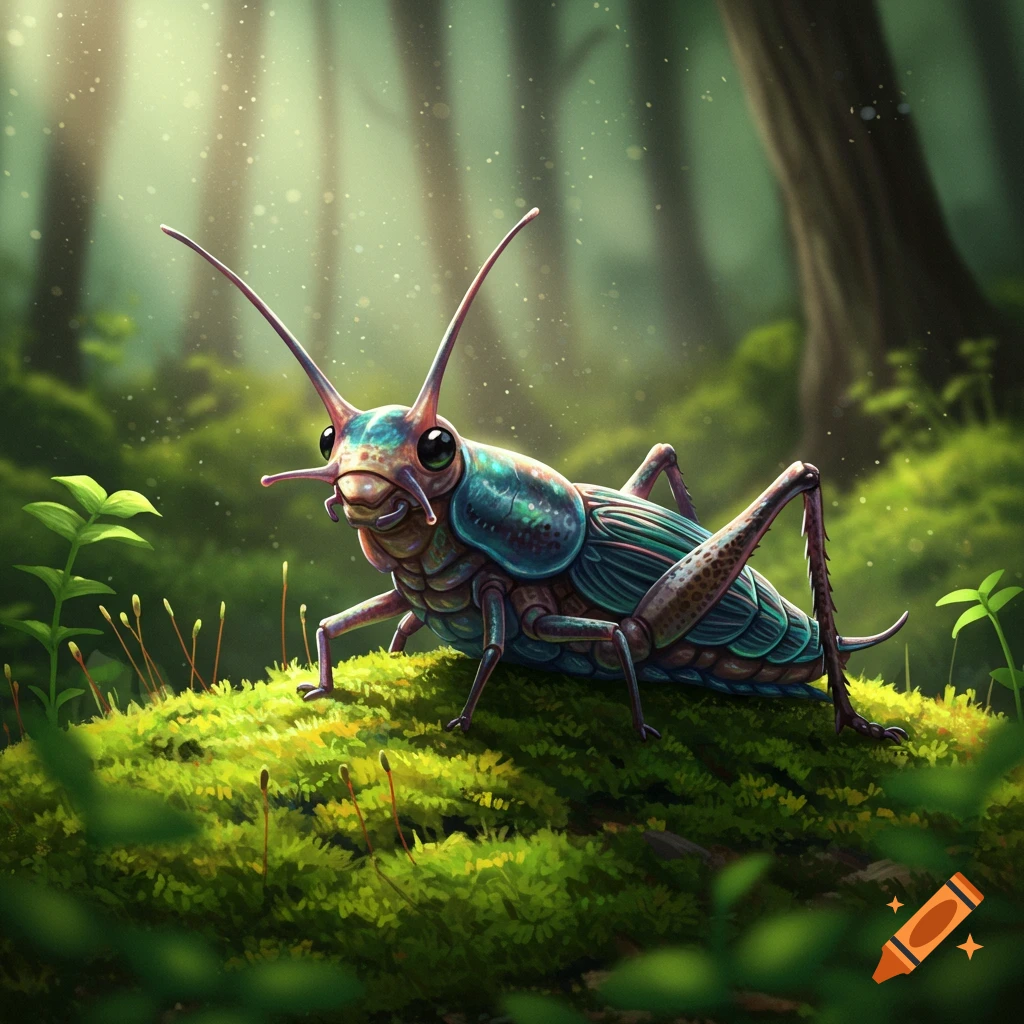 A fantasy insect-like creature is on moss in a forest.