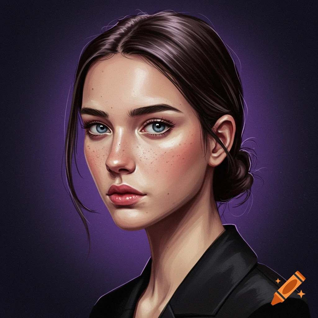 A portrait of a young woman with brown hair, blue eyes, and freckles, wearing a black jacket on a purple background.