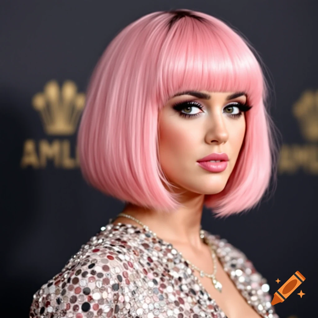 A woman with pink bob hair and bangs wears a sparkly sequined dress.