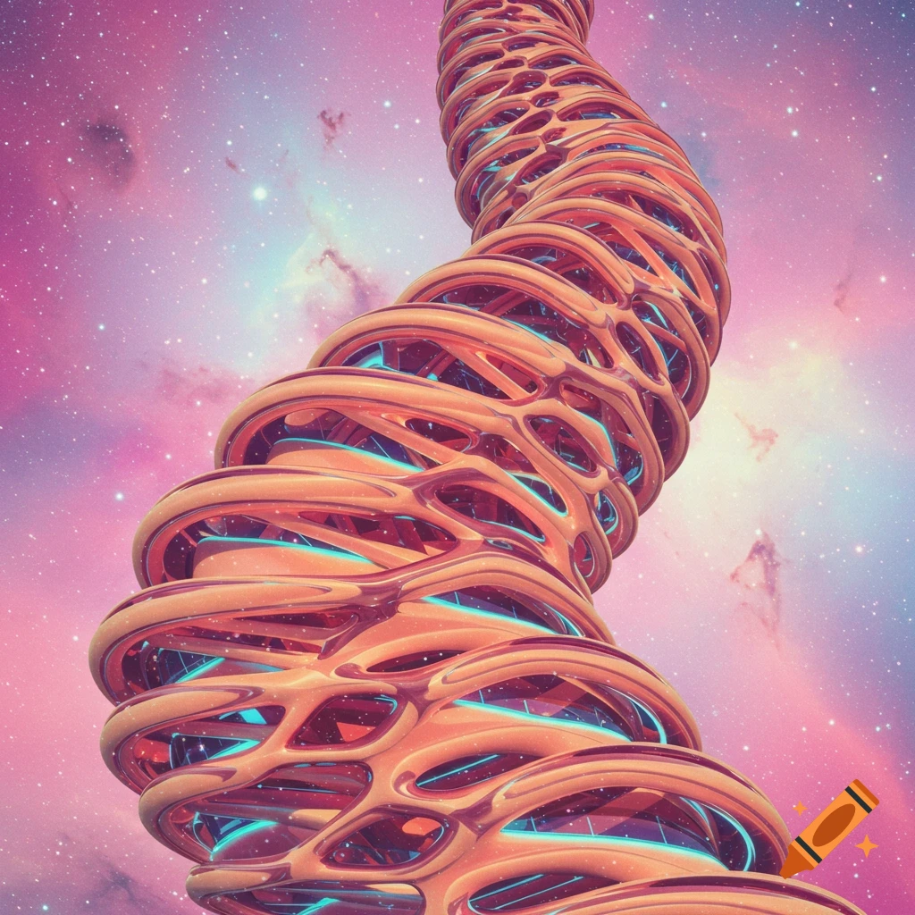 Abstract twisting structure against a starry pink and purple cosmic background