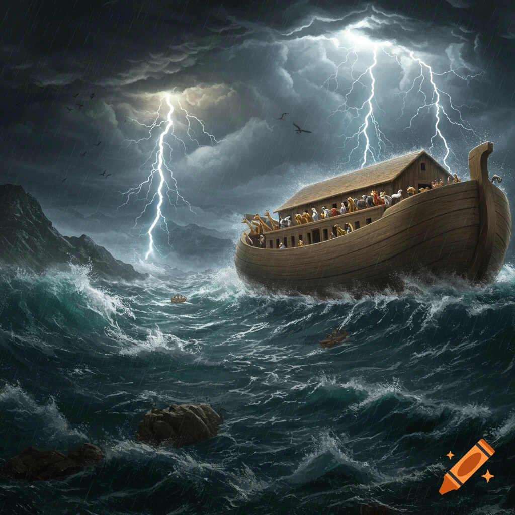 Noah's Ark on stormy seas during the flood, with lightning and rain.