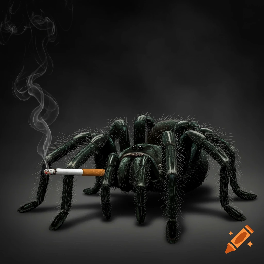 A dark spider holding a lit cigarette and smoking