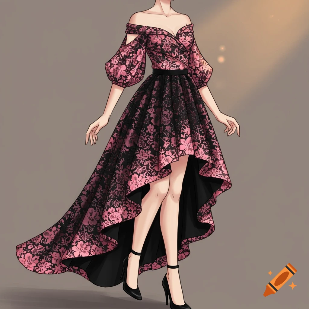 A person wearing a pink lace and black high-low off-shoulder dress.