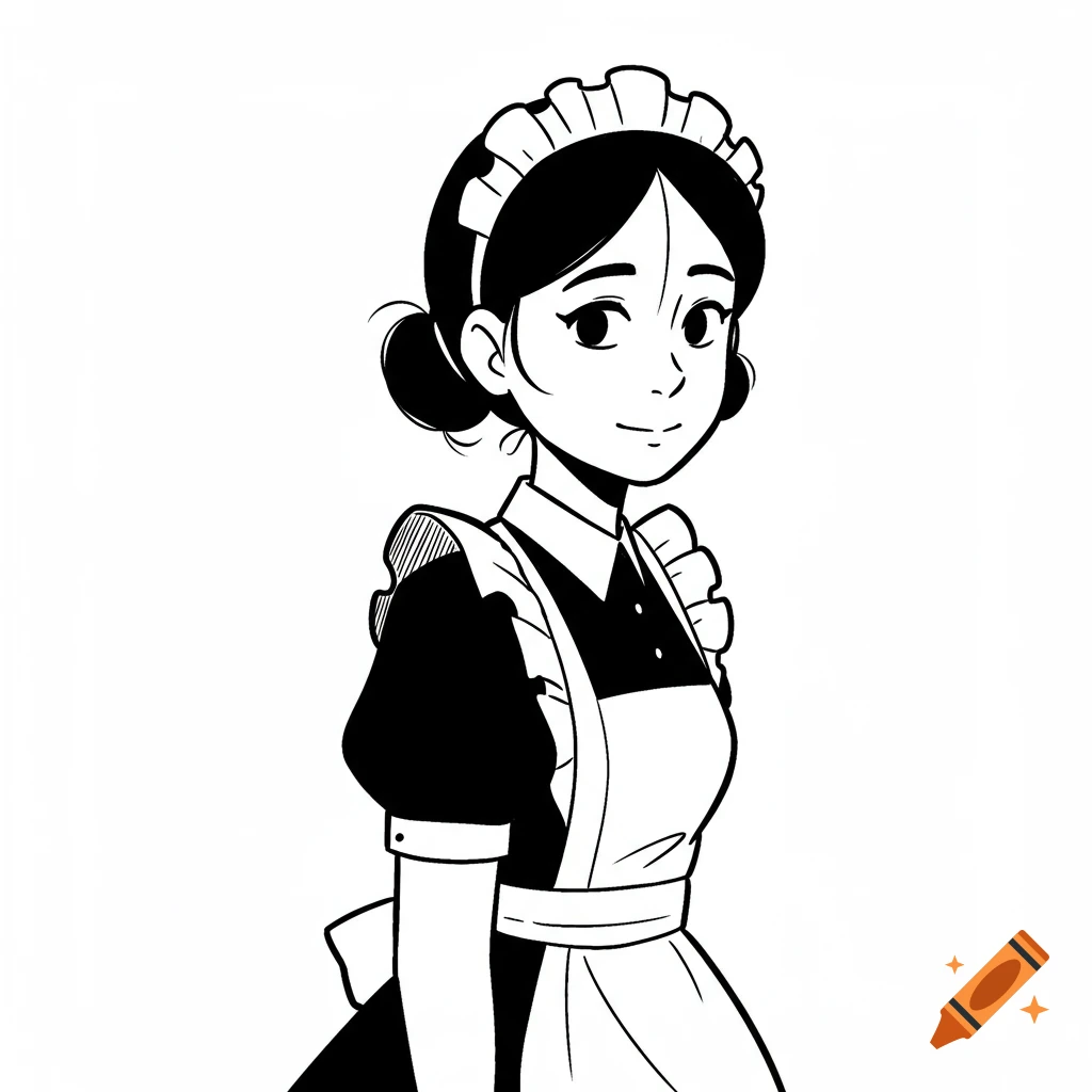 Black and white illustration of a young woman in a maid outfit.