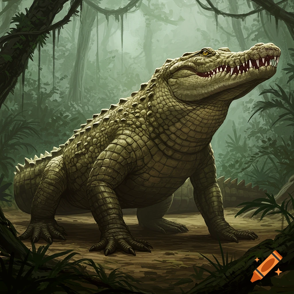 A large crocodile standing in a jungle.