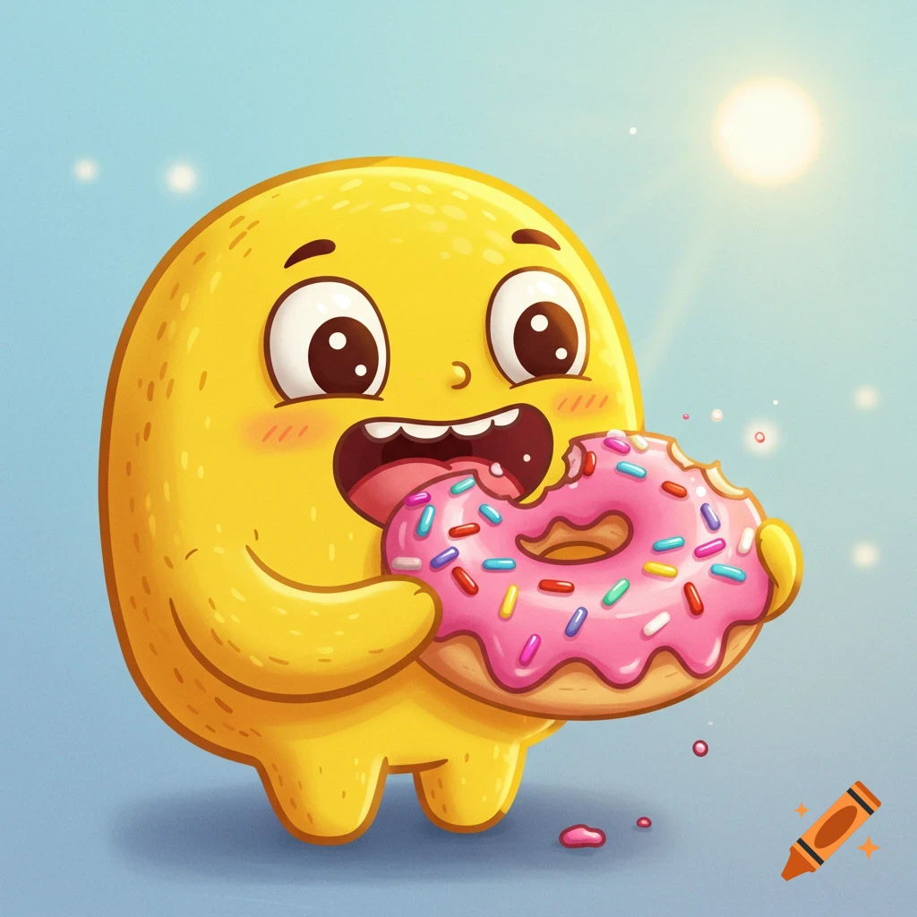 A cute yellow cartoon character happily eating a pink donut with sprinkles.