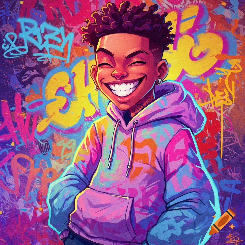 A smiling young boy with curly hair wearing a colorful hoodie stands in front of a graffiti wall.